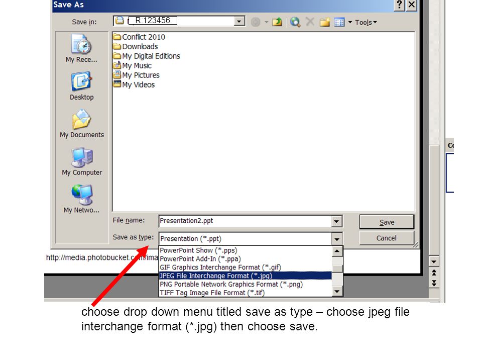 R: choose drop down menu titled save as type – choose jpeg file interchange format (*.jpg) then choose save.
