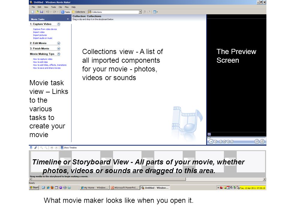Timeline or Storyboard View - All parts of your movie, whether photos, videos or sounds are dragged to this area.