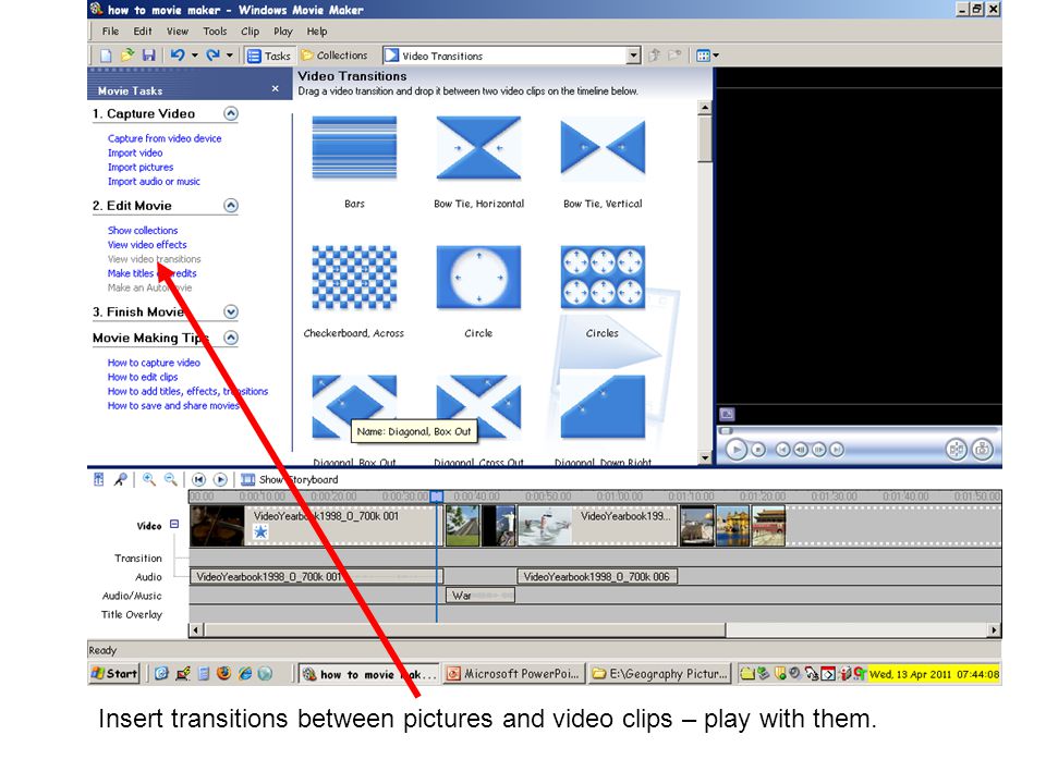 Insert transitions between pictures and video clips – play with them.