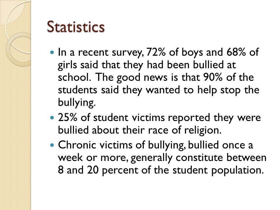 Statistics In a recent survey, 72% of boys and 68% of girls said that they had been bullied at school.