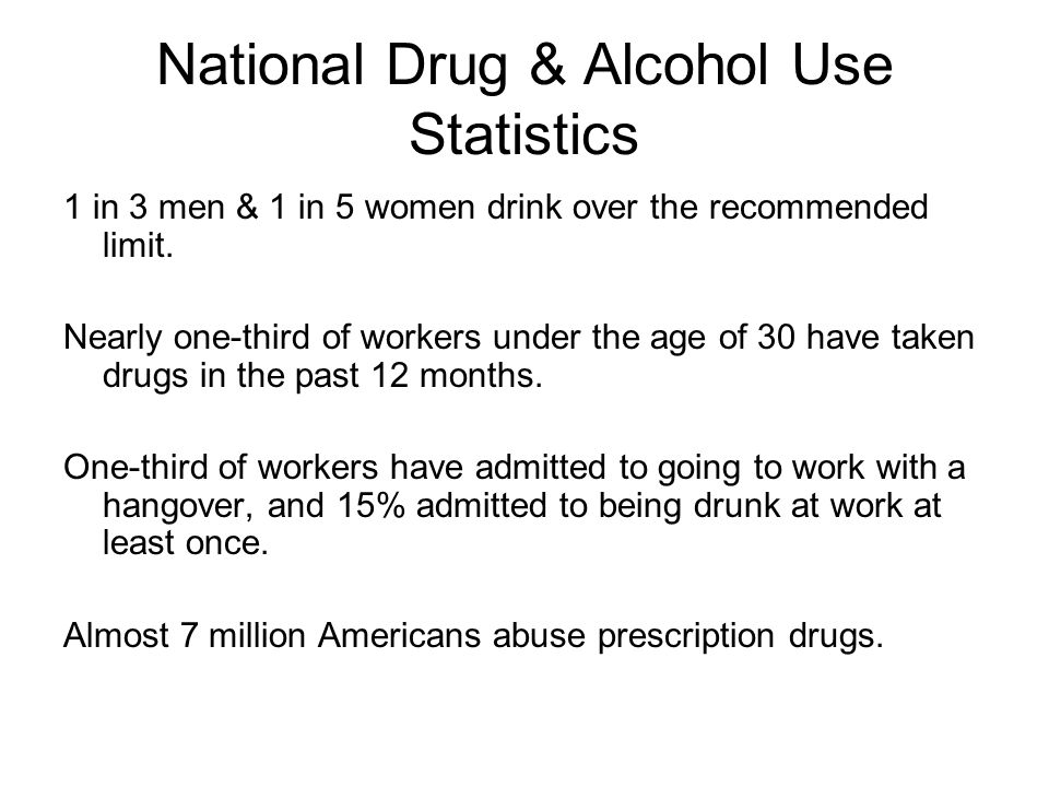 National Drug & Alcohol Use Statistics 1 in 3 men & 1 in 5 women drink over the recommended limit.