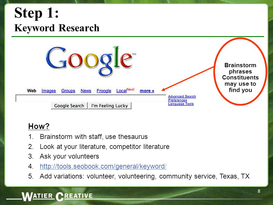 8 Step 1: Keyword Research BrainstormphrasesConstituents may use to find you How.
