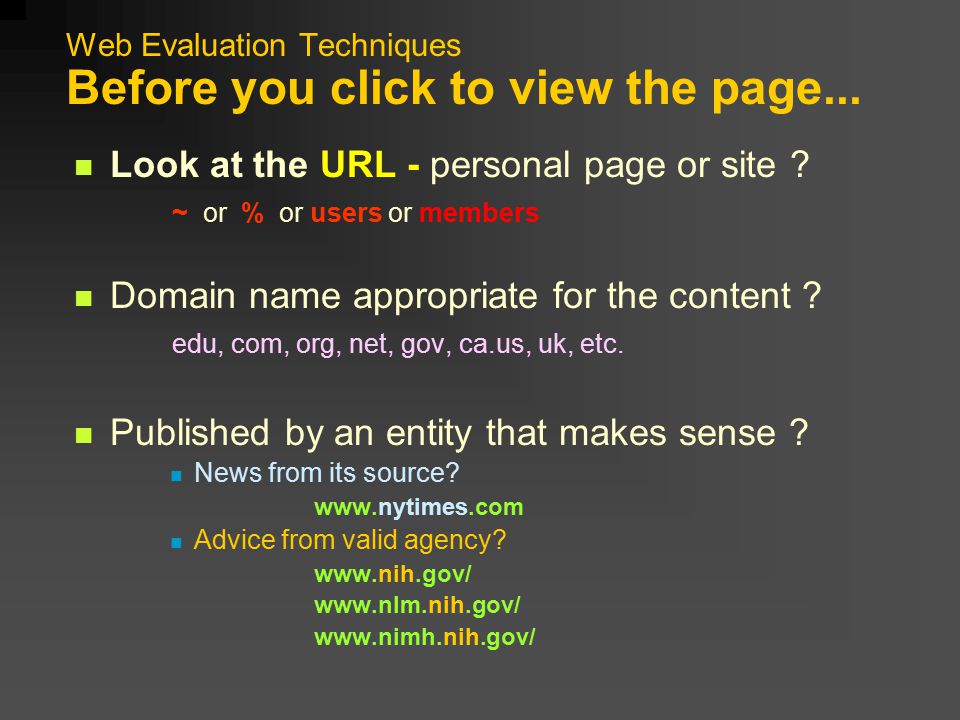 Web Evaluation Techniques Before you click to view the page...