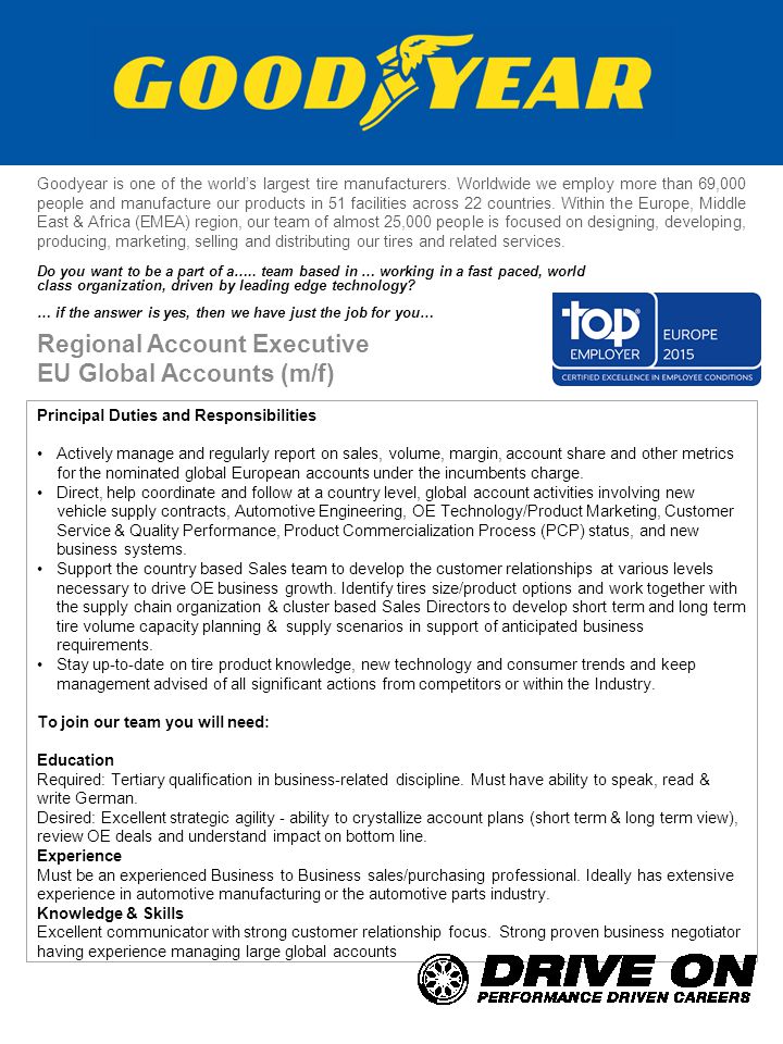 Principal Duties and Responsibilities Actively manage and regularly report on sales, volume, margin, account share and other metrics for the nominated global European accounts under the incumbents charge.