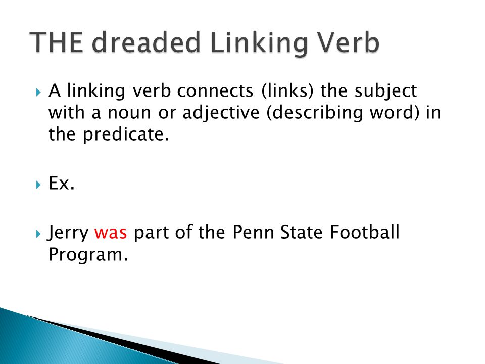  A linking verb connects (links) the subject with a noun or adjective (describing word) in the predicate.