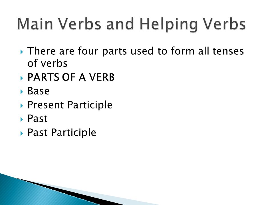  There are four parts used to form all tenses of verbs  PARTS OF A VERB  Base  Present Participle  Past  Past Participle