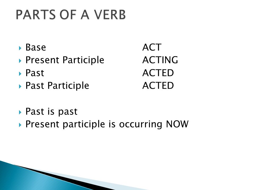  BaseACT  Present Participle ACTING  PastACTED  Past ParticipleACTED  Past is past  Present participle is occurring NOW