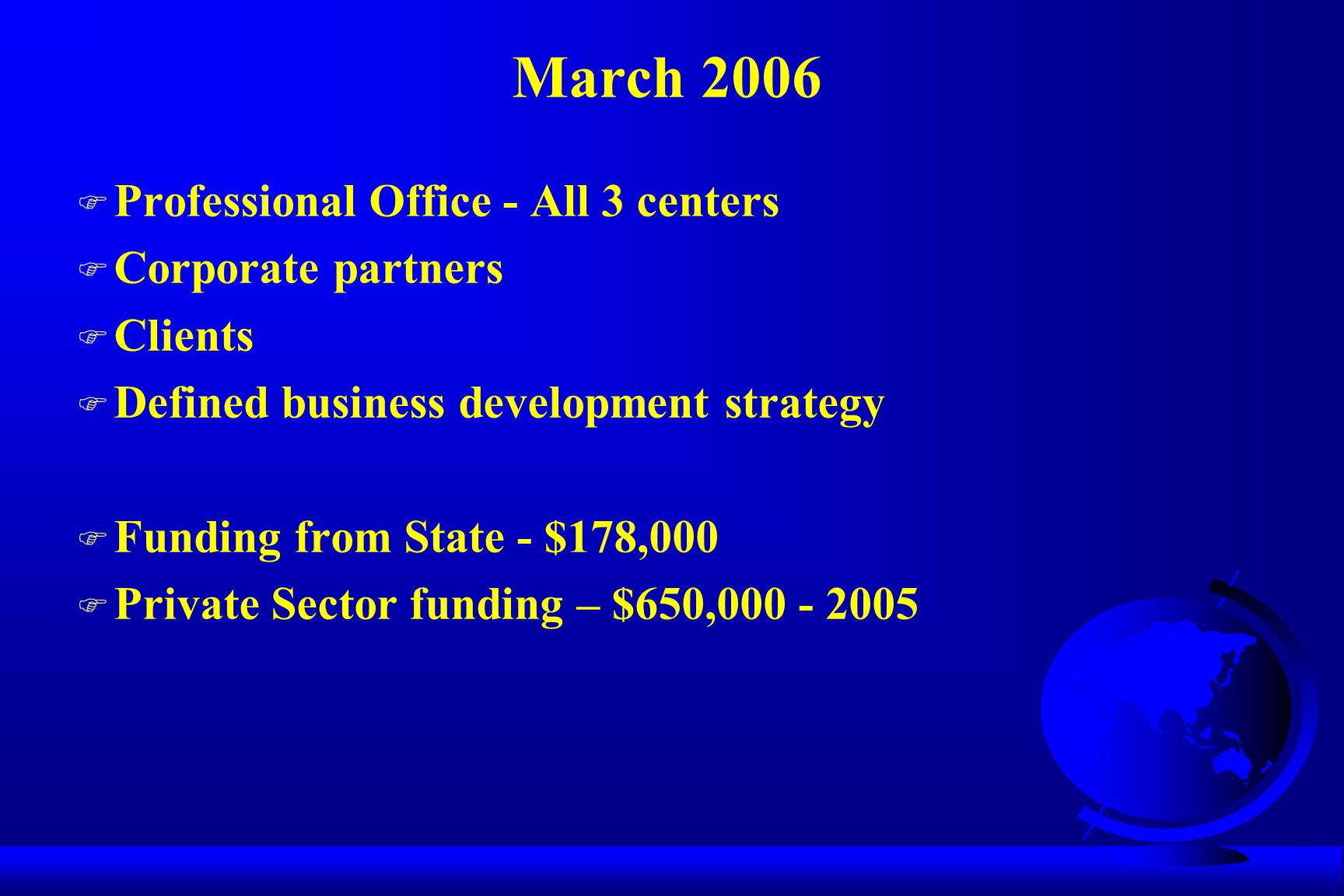 March 2006 F Professional Office - All 3 centers F Corporate partners F Clients F Defined business development strategy F Funding from State - $178,000 F Private Sector funding – $650,
