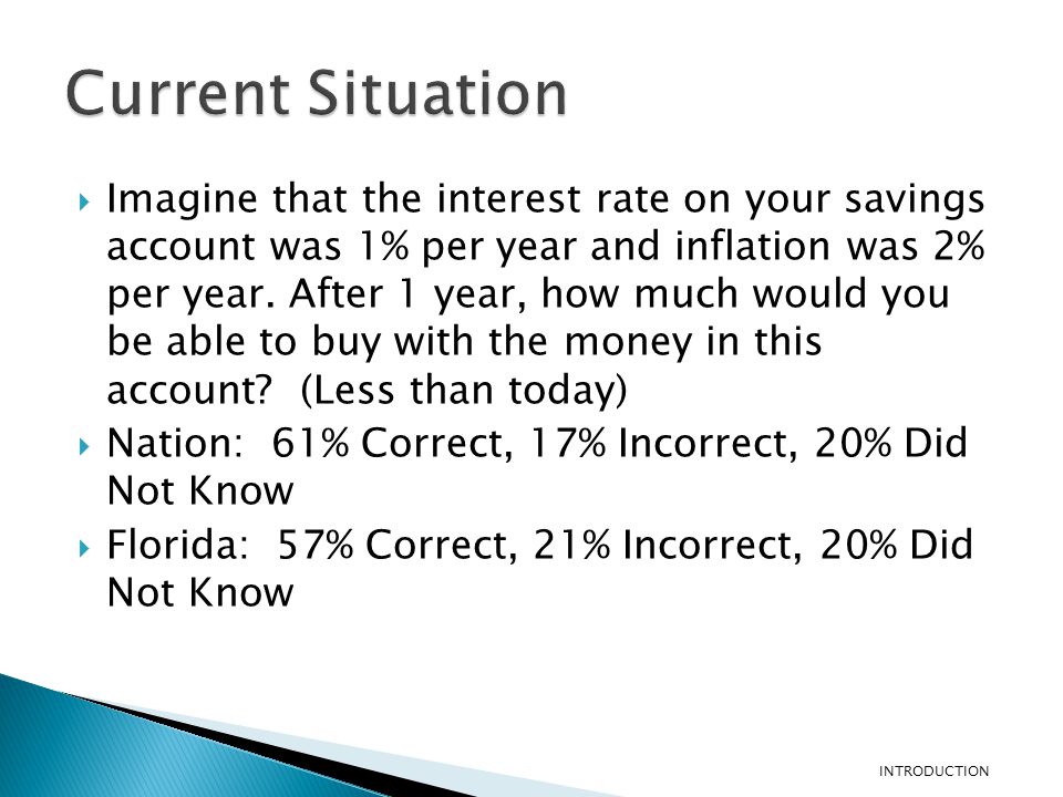  Imagine that the interest rate on your savings account was 1% per year and inflation was 2% per year.