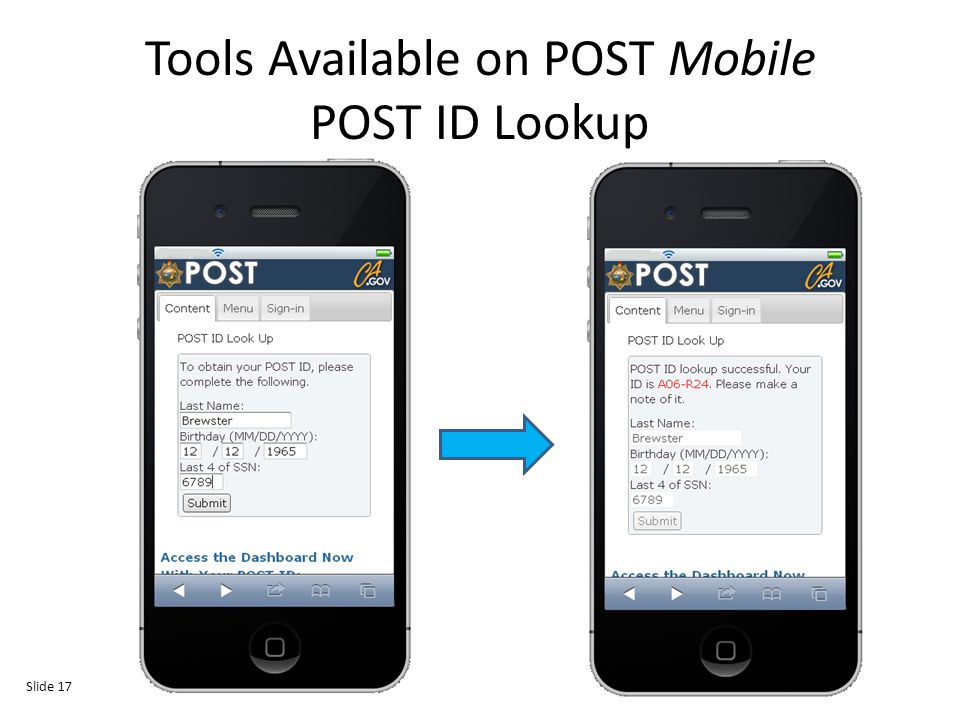 Tools Available on POST Mobile POST ID Lookup Slide 17