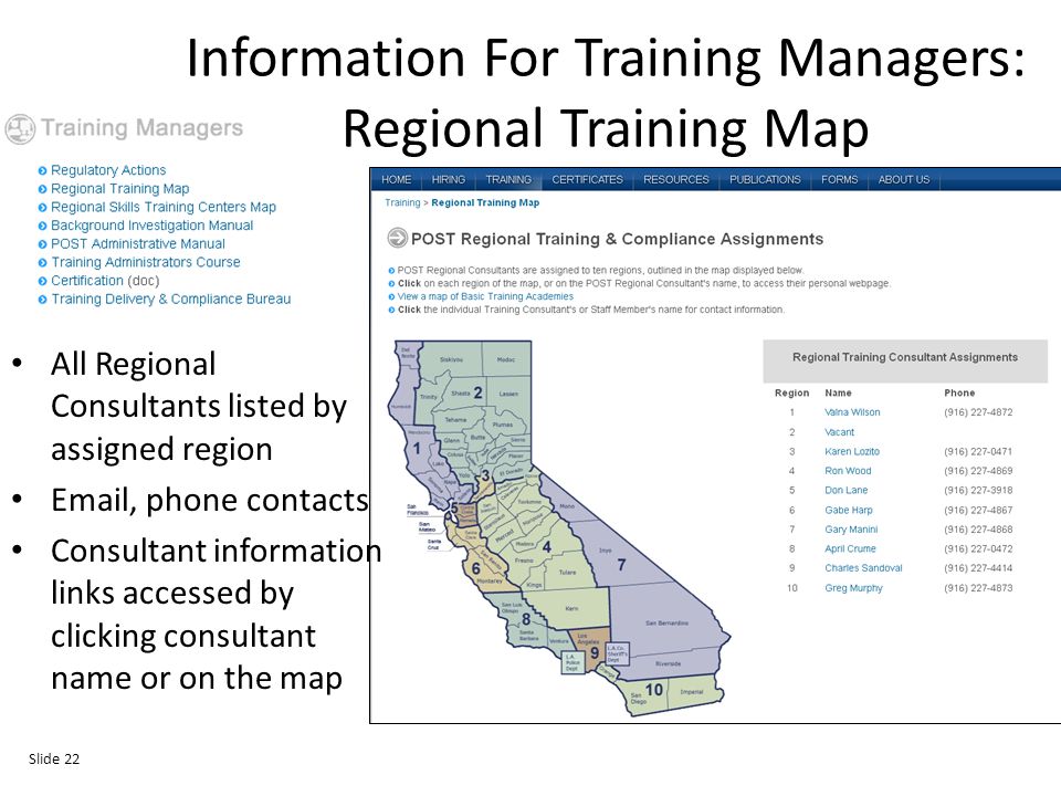 Information For Training Managers: Regional Training Map All Regional Consultants listed by assigned region  , phone contacts Consultant information links accessed by clicking consultant name or on the map Slide 22