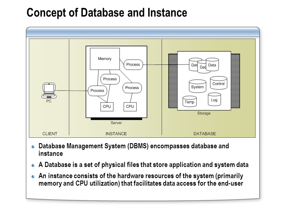 Concept of Database and Instance Database Management System (DBMS) encompasses database and instance A Database is a set of physical files that store application and system data An instance consists of the hardware resources of the system (primarily memory and CPU utilization) that facilitates data access for the end-user