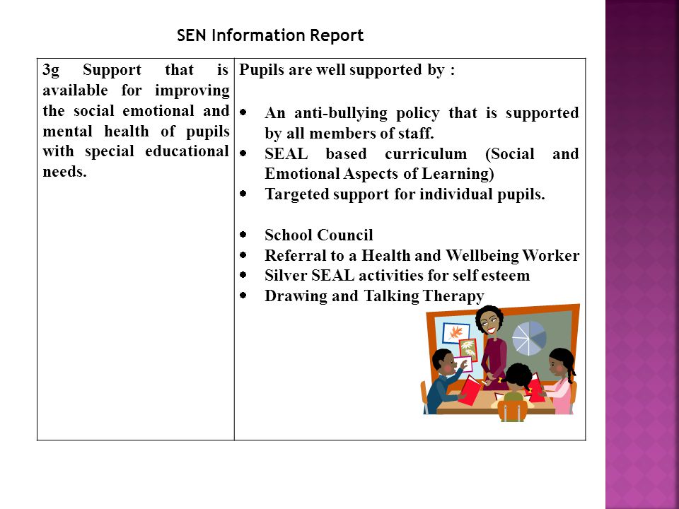 3g Support that is available for improving the social emotional and mental health of pupils with special educational needs.