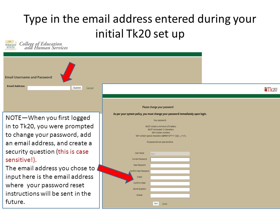 Type in the  address entered during your initial Tk20 set up NOTE—When you first logged in to Tk20, you were prompted to change your password, add an  address, and create a security question (this is case sensitive!).