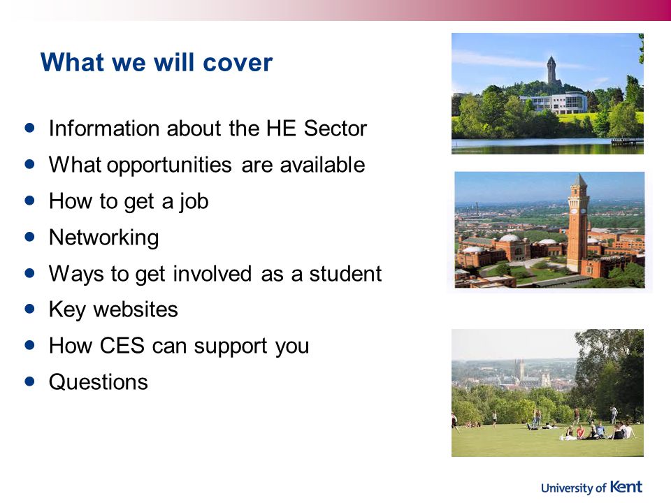 What we will cover Information about the HE Sector What opportunities are available How to get a job Networking Ways to get involved as a student Key websites How CES can support you Questions