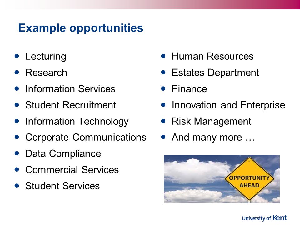 Example opportunities Lecturing Research Information Services Student Recruitment Information Technology Corporate Communications Data Compliance Commercial Services Student Services Human Resources Estates Department Finance Innovation and Enterprise Risk Management And many more …