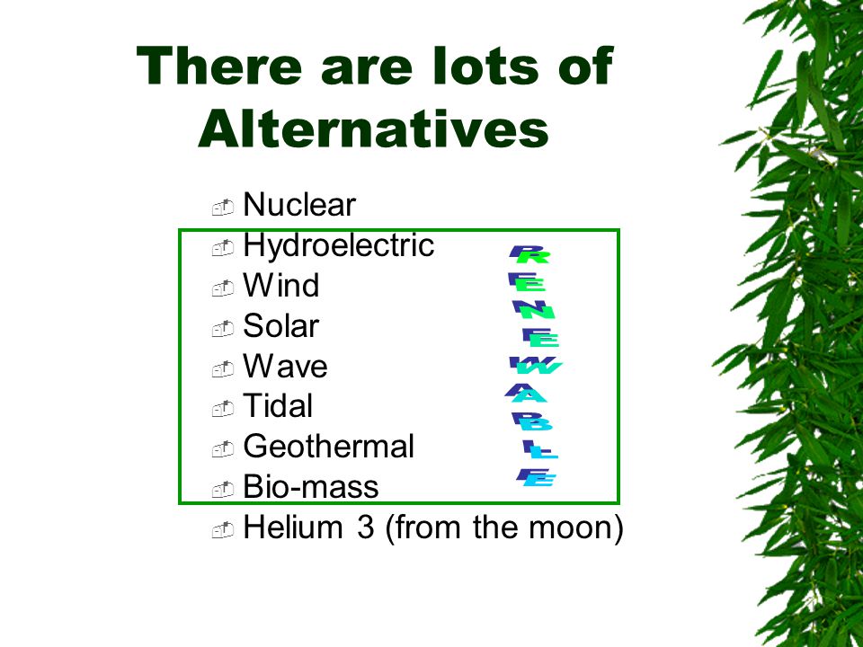 There are lots of Alternatives  Nuclear  Hydroelectric  Wind  Solar  Wave  Tidal  Geothermal  Bio-mass  Helium 3 (from the moon)