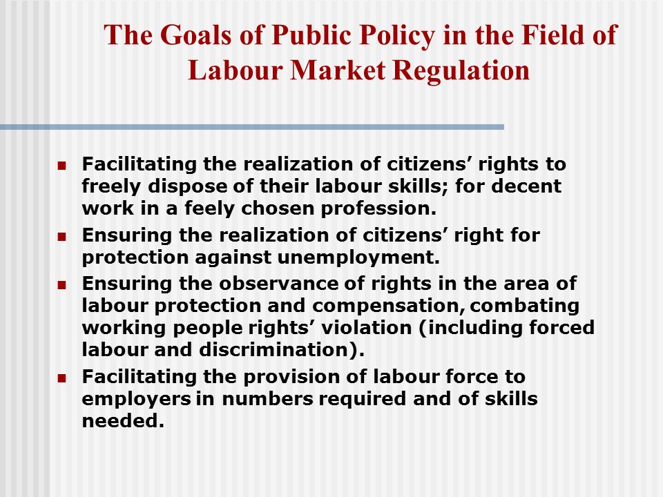 The Goals of Public Policy in the Field of Labour Market Regulation Facilitating the realization of citizens’ rights to freely dispose of their labour skills; for decent work in a feely chosen profession.