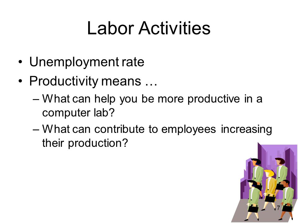 Labor Activities Unemployment rate Productivity means … –What can help you be more productive in a computer lab.