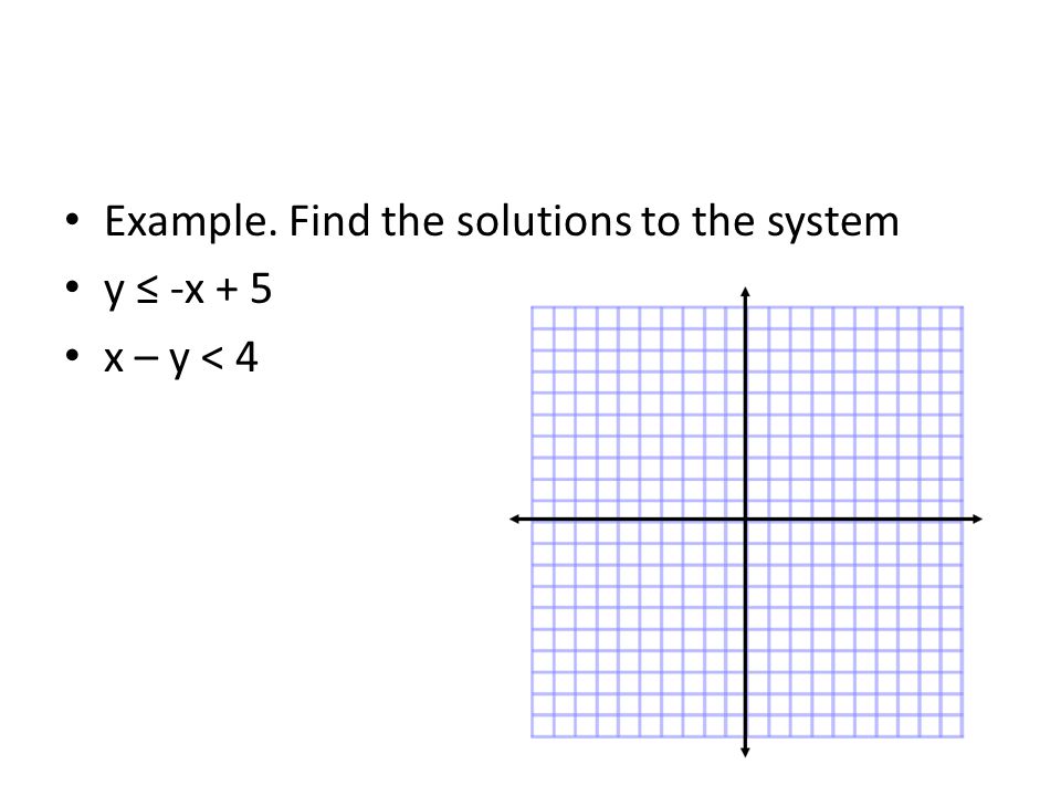 Example. Find the solutions to the system y ≤ -x + 5 x – y < 4