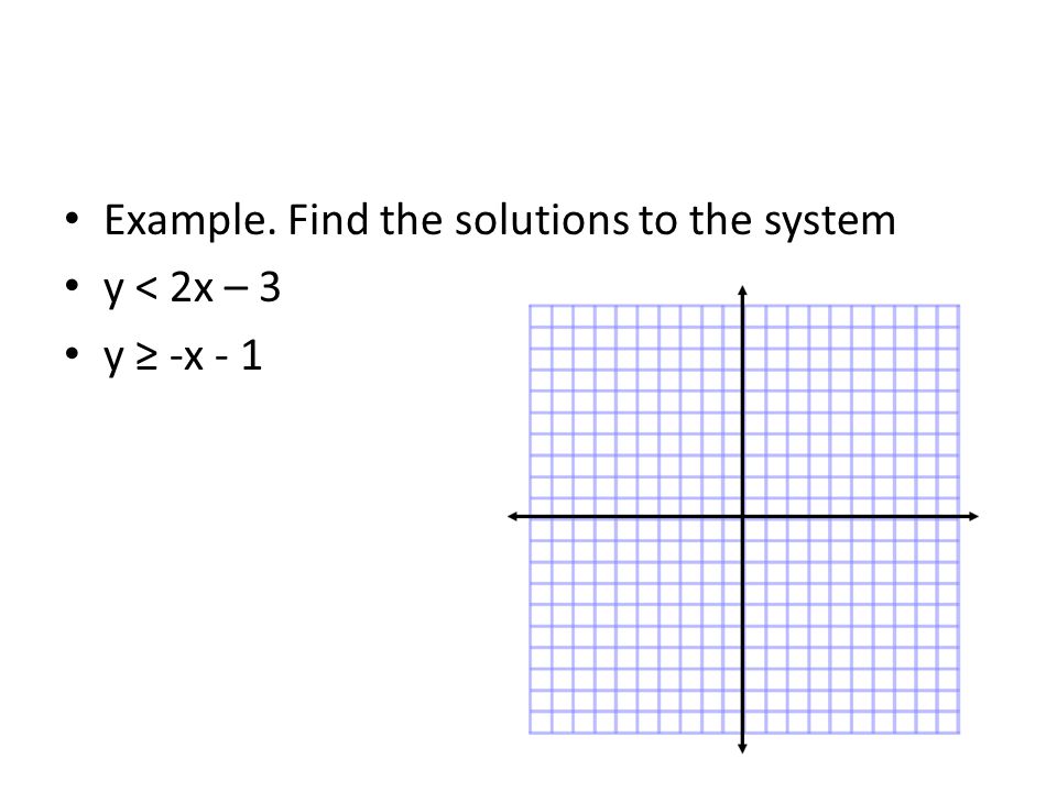 Example. Find the solutions to the system y < 2x – 3 y ≥ -x - 1