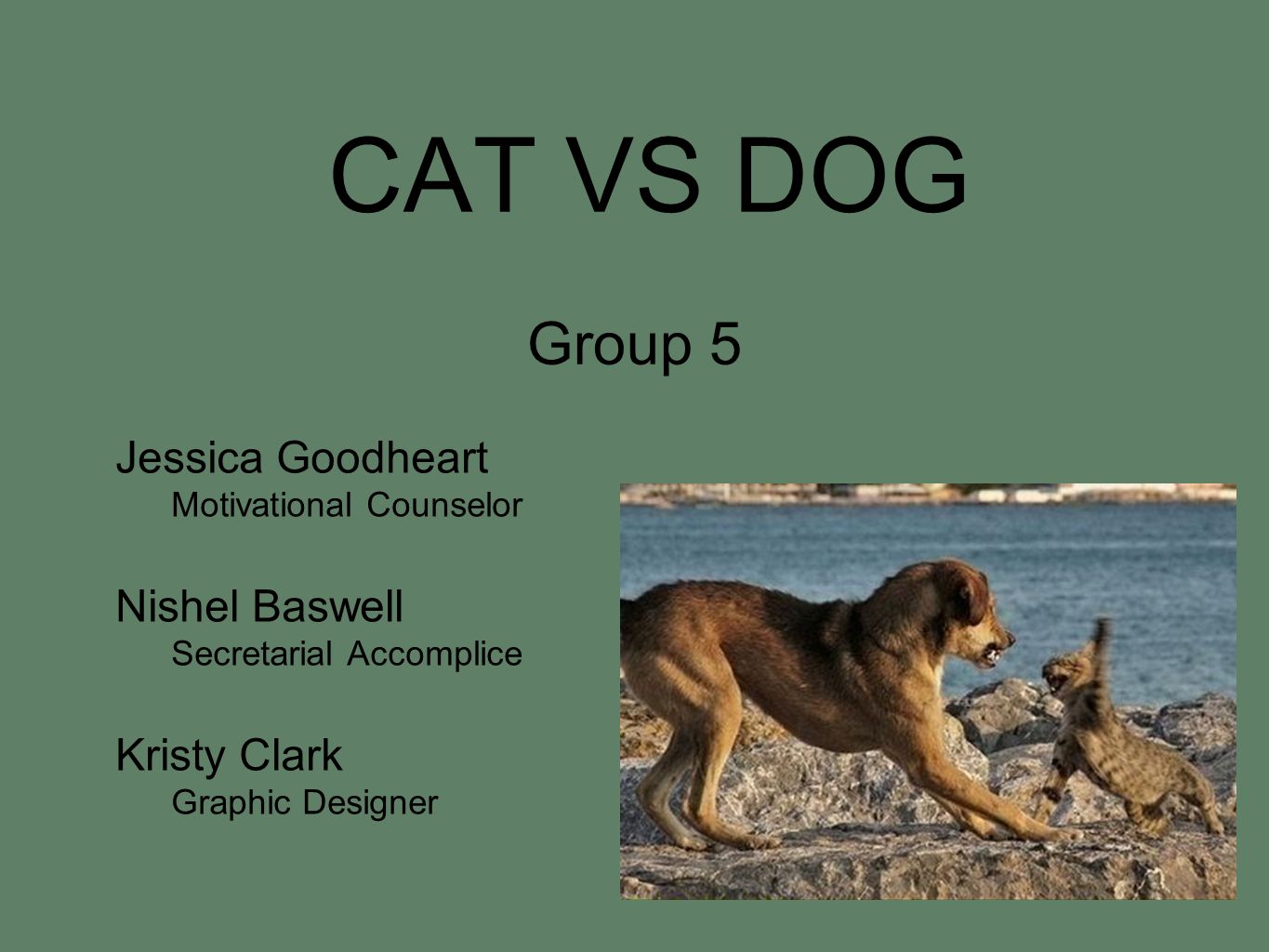 CAT VS DOG Group 5 Jessica Goodheart Motivational Counselor Nishel Baswell Secretarial Accomplice Kristy Clark Graphic Designer