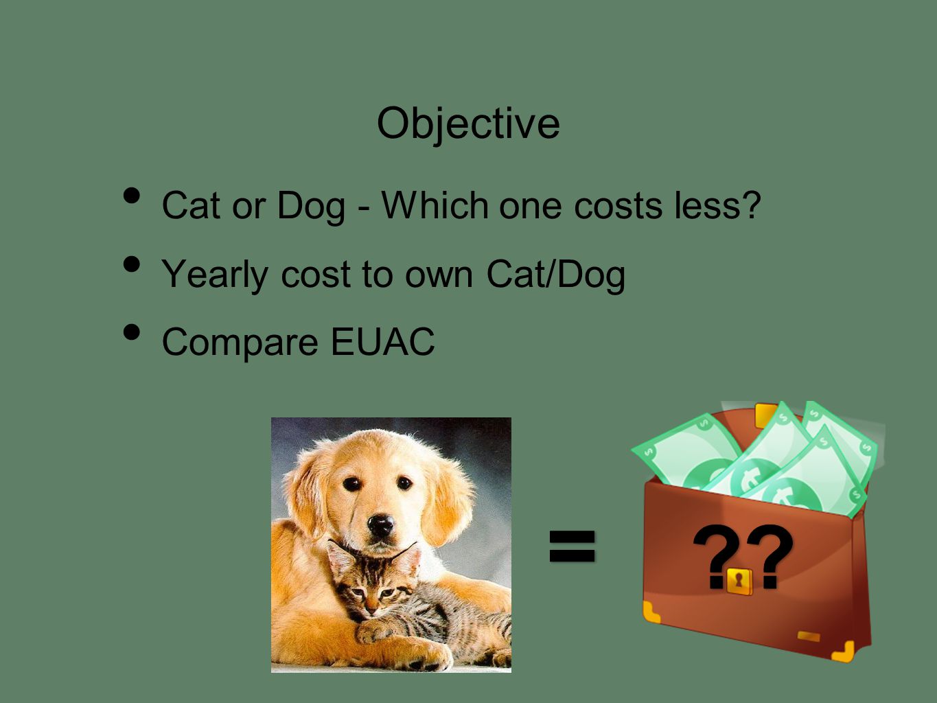 Objective Cat or Dog - Which one costs less Yearly cost to own Cat/Dog Compare EUAC