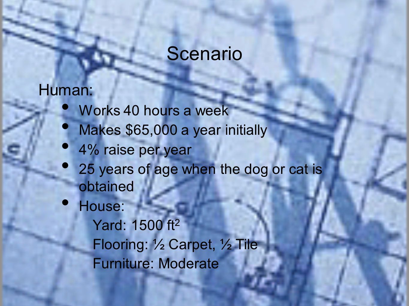 Scenario Human: Works 40 hours a week Makes $65,000 a year initially 4% raise per year 25 years of age when the dog or cat is obtained House: Yard: 1500 ft 2 Flooring: ½ Carpet, ½ Tile Furniture: Moderate