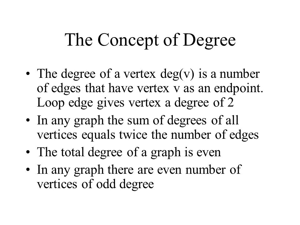 The Concept of Degree The degree of a vertex deg(v) is a number of edges that have vertex v as an endpoint.