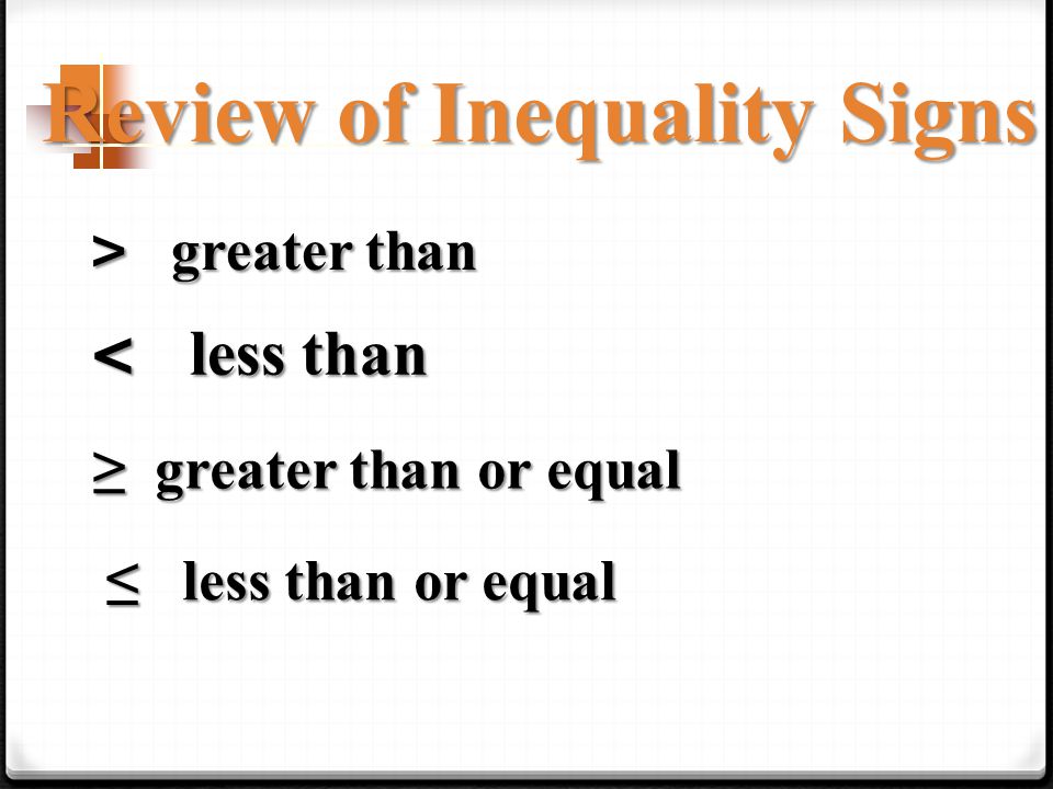 Review of Inequality Signs > greater than < less than ≥ greater than or equal ≥ greater than or equal ≤ less than or equal ≤ less than or equal