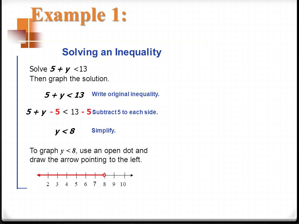 Solving an Inequality Solve 5 + y < y < 13 Subtract 5 to each side.