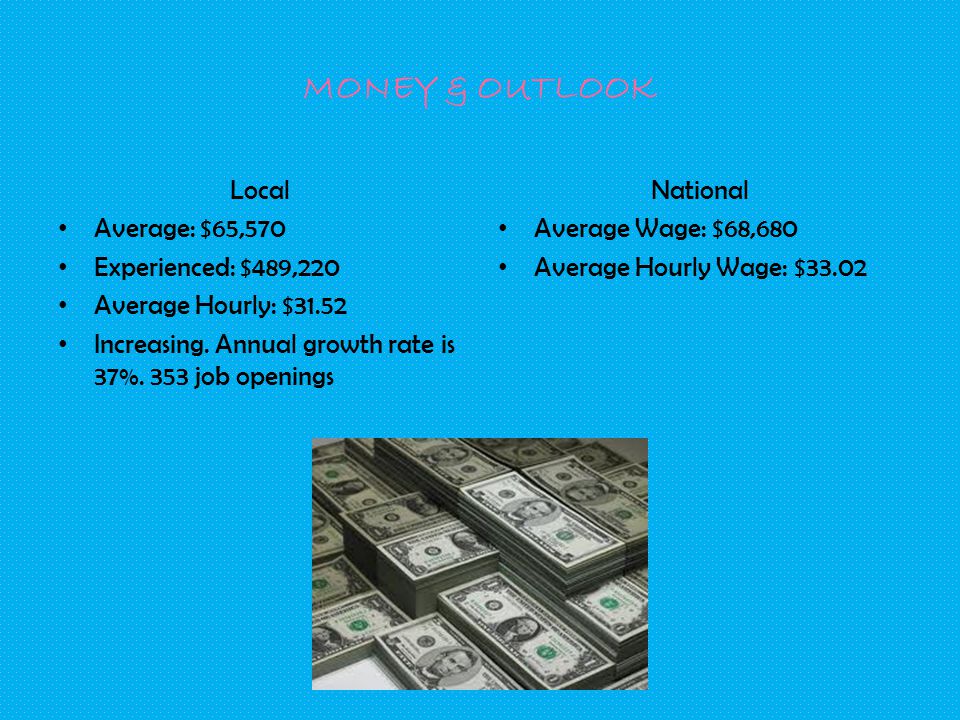 MONEY & OUTLOOK Local Average: $65,570 Experienced: $489,220 Average Hourly: $31.52 Increasing.
