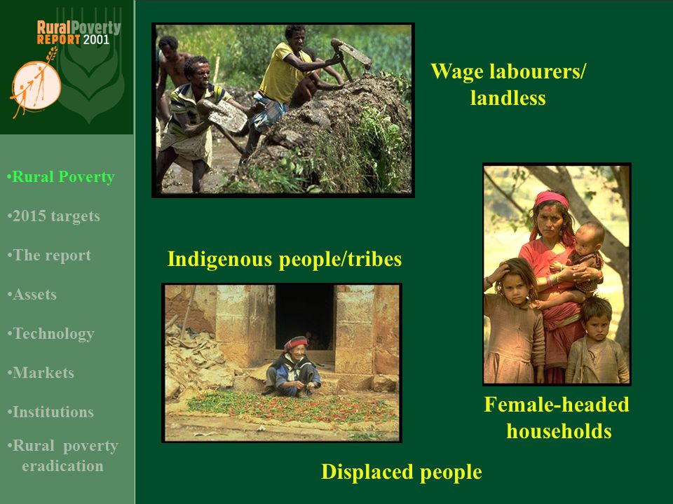 Wage labourers/ landless Indigenous people/tribes Female-headed households Displaced people 2015 targets Assets Rural Poverty Technology Institutions The report Markets Rural poverty eradication