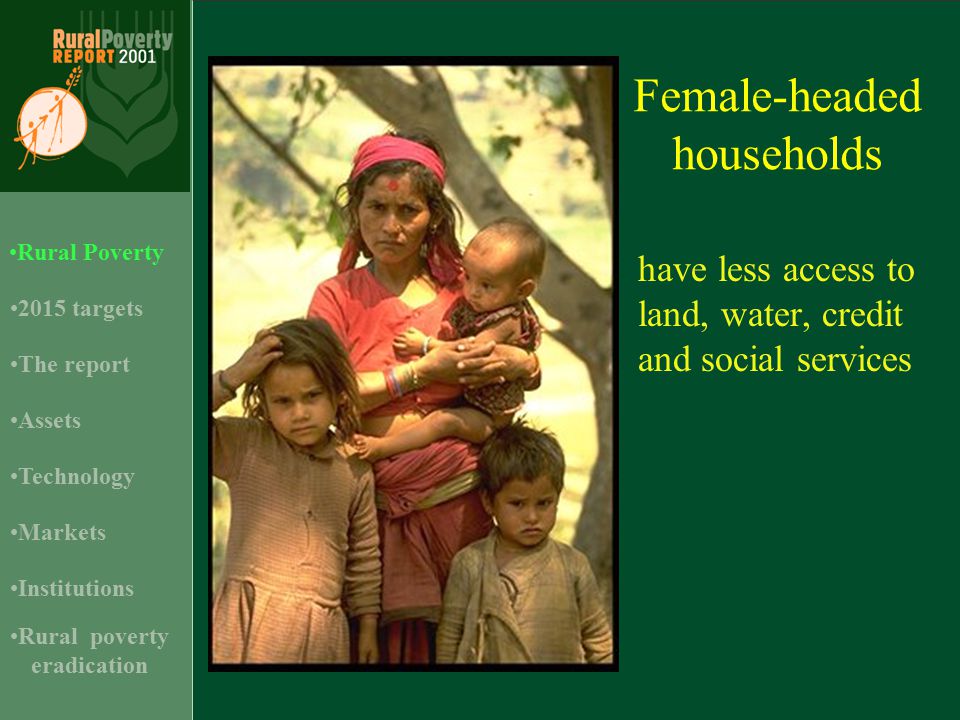 have less access to land, water, credit and social services Female-headed households 2015 targets Assets Rural Poverty Technology Institutions The report Markets Rural poverty eradication