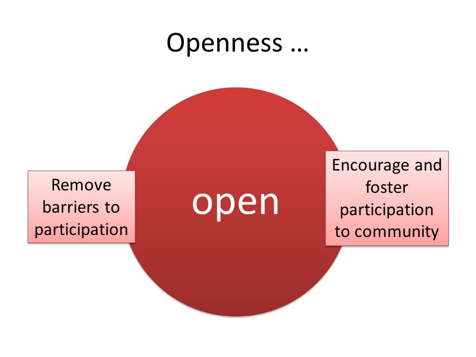 open Openness … Remove barriers to participation Encourage and foster participation to community
