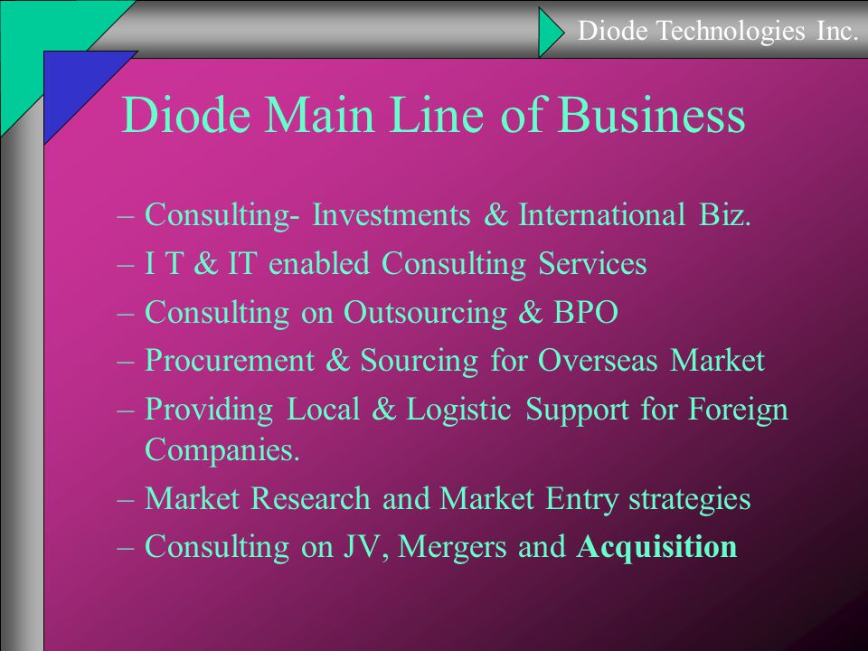 Diode Technologies Inc. Diode Main Line of Business –Consulting- Investments & International Biz.