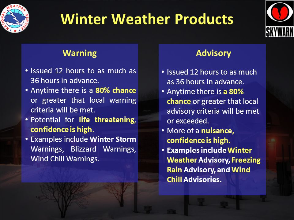 Winter Weather Products Warning Issued 12 hours to as much as 36 hours in advance.