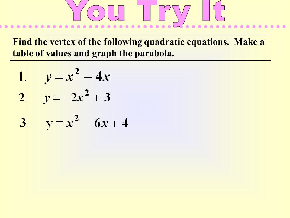 1 The Standard Form Of A Quadratic Equation Is Y Ax 2 Bx C 6 Find The Vertex Of Following Quadratic Equations