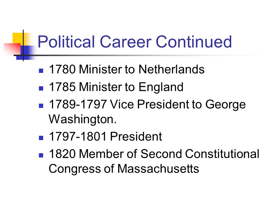 Political Career Continued 1780 Minister to Netherlands 1785 Minister to England Vice President to George Washington.
