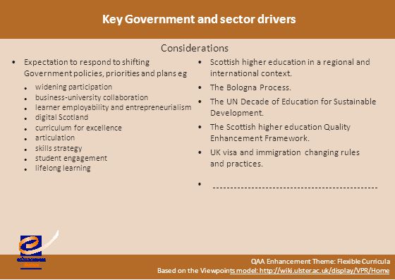 QAA Enhancement Theme: Flexible Curricula Based on the Viewpoints model:   model:   Key Government and sector drivers Expectation to respond to shifting Government policies, priorities and plans eg widening participation business-university collaboration learner employability and entrepreneurialism digital Scotland curriculum for excellence articulation skills strategy student engagement lifelong learning Scottish higher education in a regional and international context.