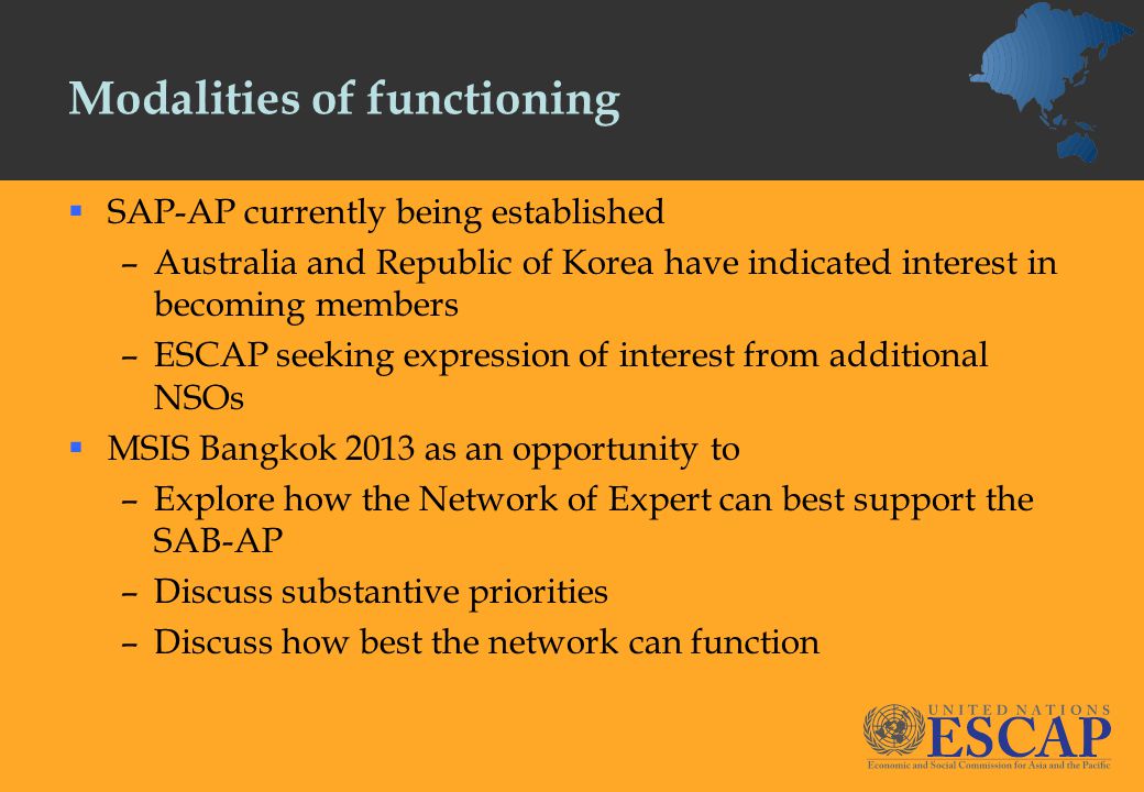 Modalities of functioning  SAP-AP currently being established –Australia and Republic of Korea have indicated interest in becoming members –ESCAP seeking expression of interest from additional NSOs  MSIS Bangkok 2013 as an opportunity to –Explore how the Network of Expert can best support the SAB-AP –Discuss substantive priorities –Discuss how best the network can function