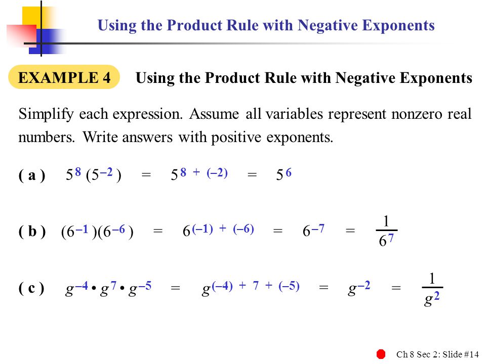 Ch 8 Sec 2: Slide #14 Using the Product Rule with Negative Exponents EXAMPLE 4 Using the Product Rule with Negative Exponents Simplify each expression.