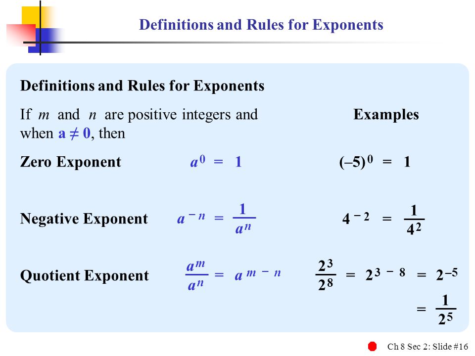Ch 8 Sec 2: Slide #16 Definitions and Rules for Exponents If m and n are positive integers and when a ≠ 0, then Zero Exponent a 0 = 1 (–5) 0 = 1 Negative Exponent Quotient Exponent Examples 1 a na n a – n = – 2 = a ma m a na n a m – n = – 8 = 2 –5 = =