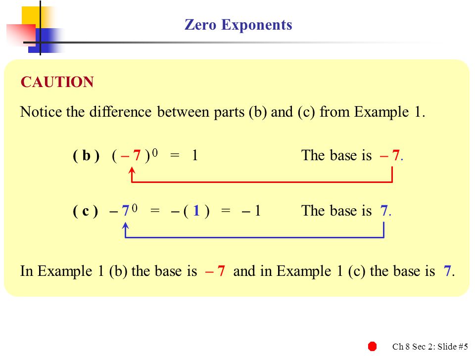 Ch 8 Sec 2: Slide #5 Zero Exponents Notice the difference between parts (b) and (c) from Example 1.