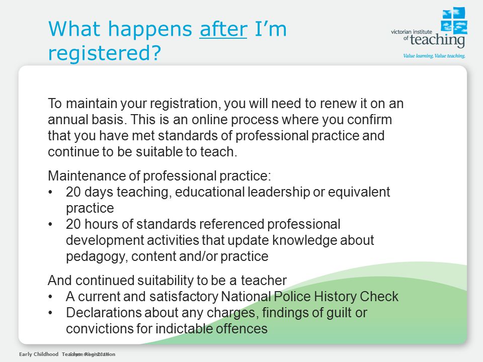 Early Childhood Teacher RegistrationSeptember 2014 What happens after I’m registered.