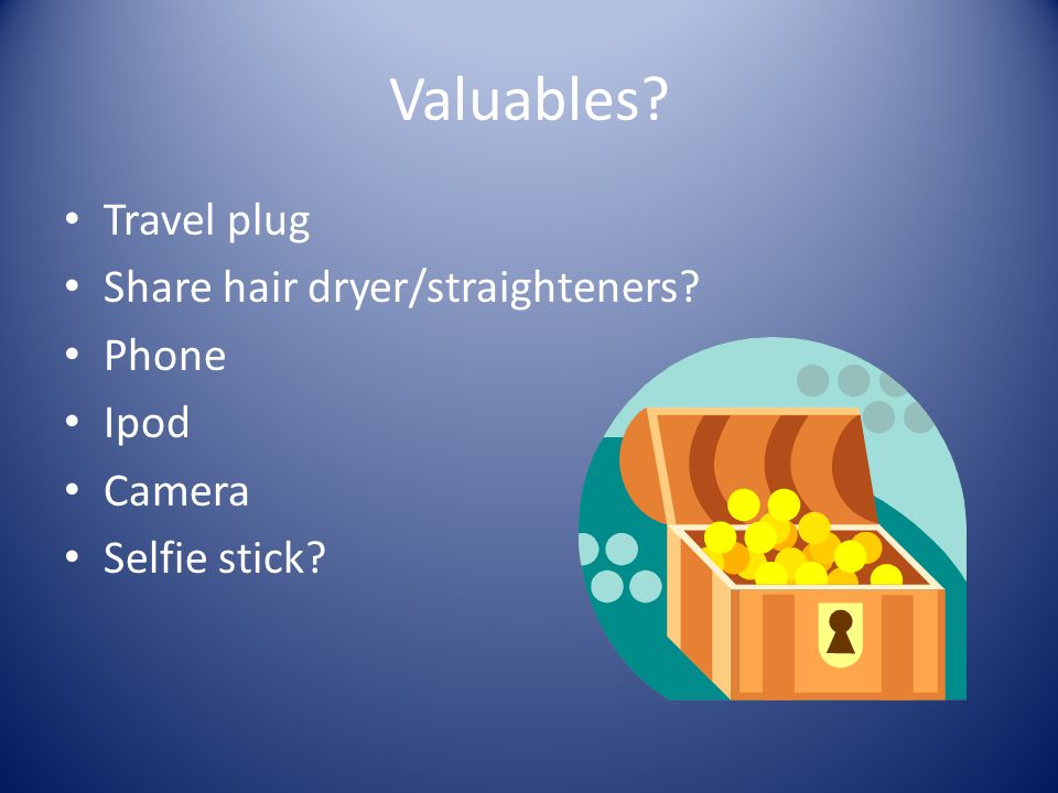 Valuables Travel plug Share hair dryer/straighteners Phone Ipod Camera Selfie stick