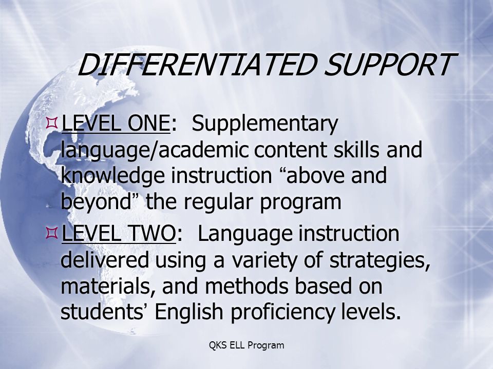 QKS ELL Program DIFFERENTIATED SUPPORT  LEVEL ONE: Supplementary language/academic content skills and knowledge instruction above and beyond the regular program  LEVEL TWO: Language instruction delivered using a variety of strategies, materials, and methods based on students’ English proficiency levels.
