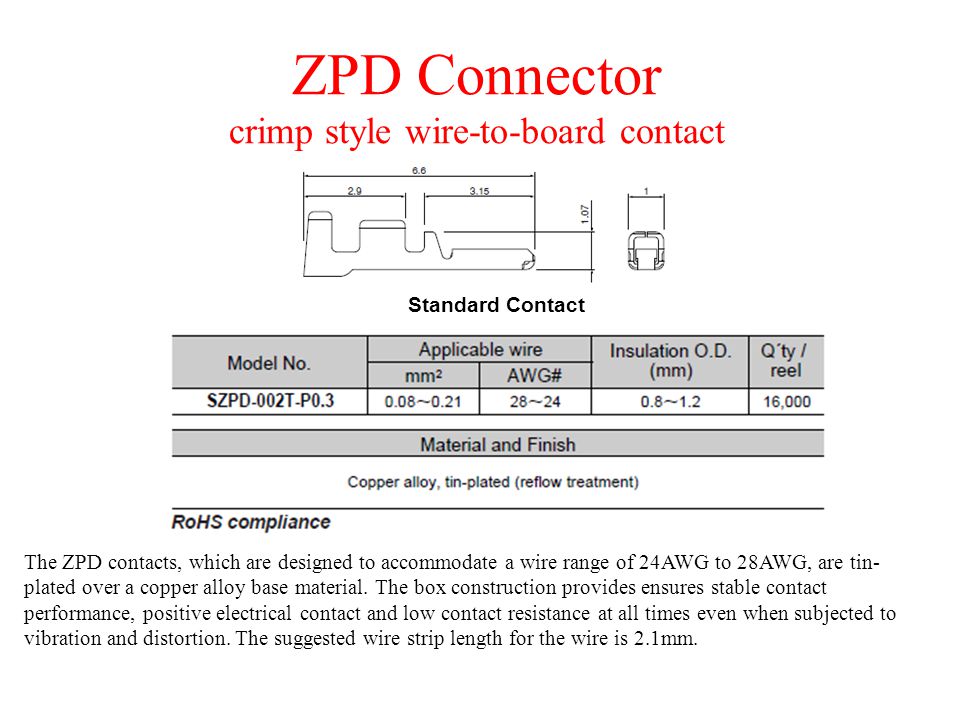 ZPD Connector crimp style wire-to-board contact The ZPD contacts, which are designed to accommodate a wire range of 24AWG to 28AWG, are tin- plated over a copper alloy base material.