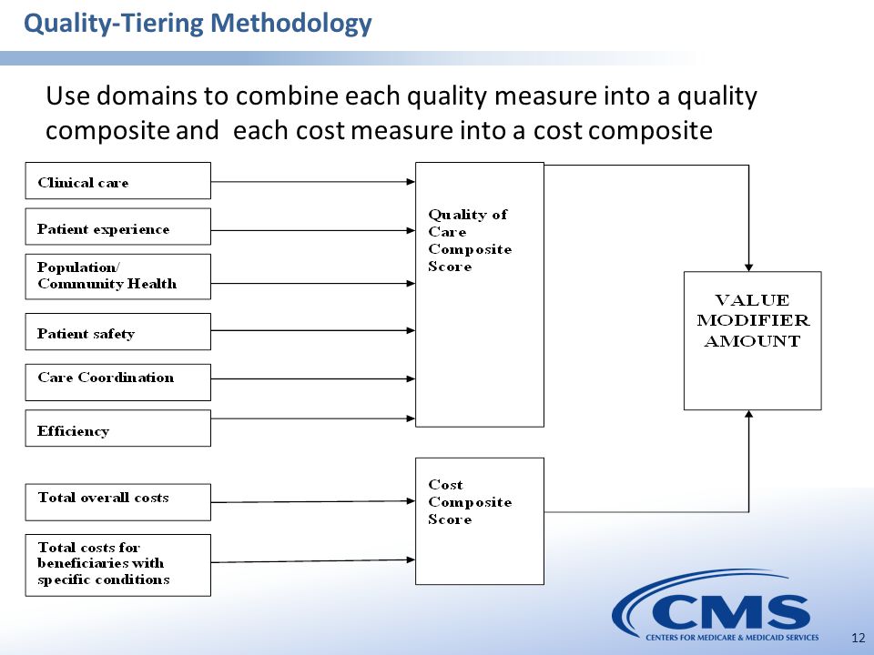 12 Use domains to combine each quality measure into a quality composite and each cost measure into a cost composite Quality-Tiering Methodology