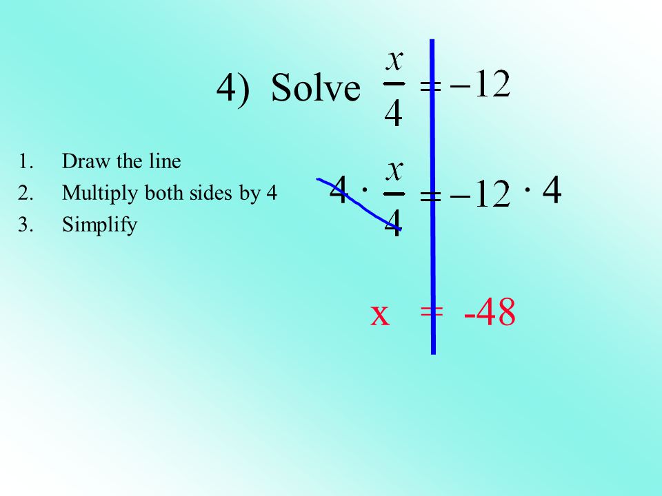 4) Solve 4 · · 4 x = Draw the line 2.Multiply both sides by 4 3.Simplify